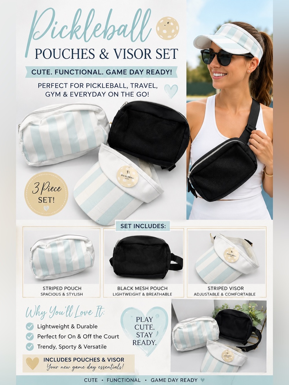 Pickleball Pouches & Visor Set - Striped White & Light Blue + Black
